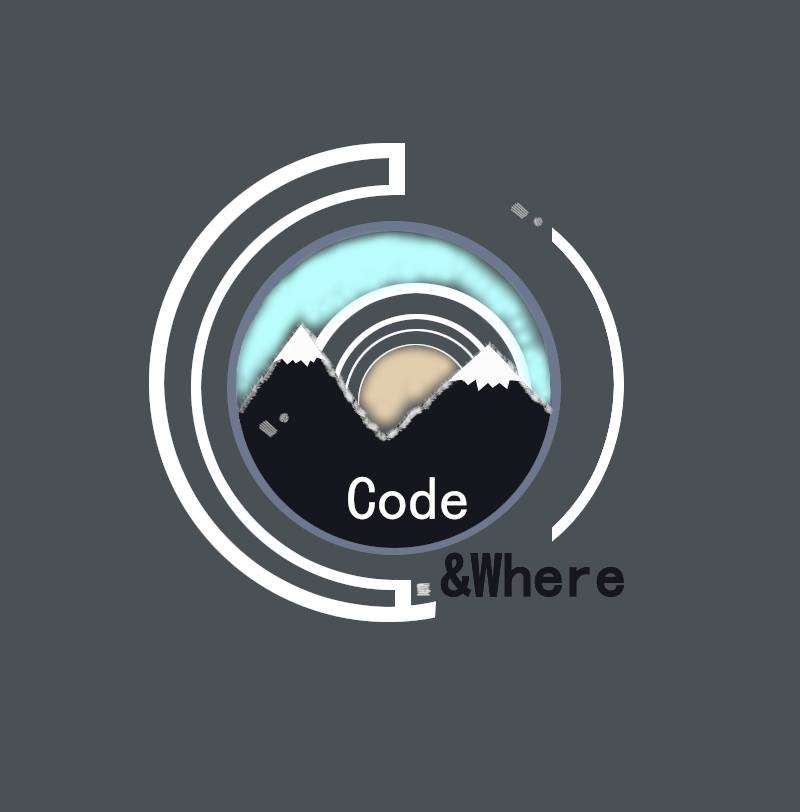logo de l'entreprise Code&Where, il s'agit d'un logo rond présentant le nom de l'entreprise et des montagnes stylisées en arrière plan